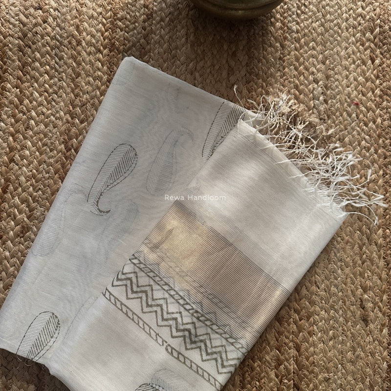 Maheshwari White Handblock Print Top-Dupatta HBS0195