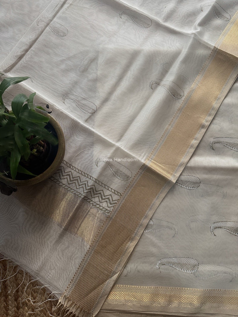 Maheshwari White Handblock Print Top-Dupatta HBS0195