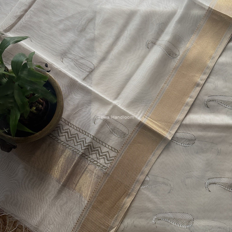 Maheshwari White Handblock Print Top-Dupatta HBS0195