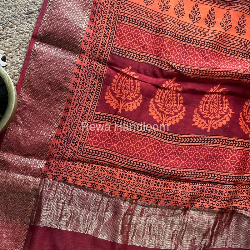 Maheshwari Orange Bagh Print Saree BPSS027