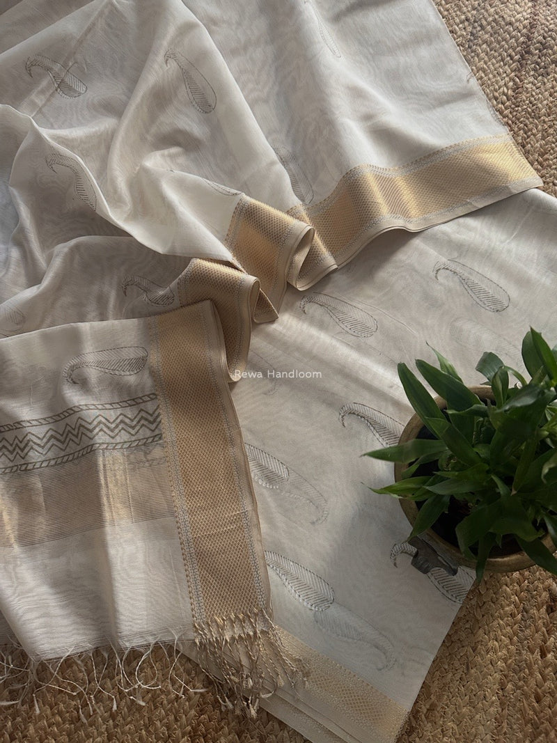 Maheshwari White Handblock Print Top-Dupatta HBS0195