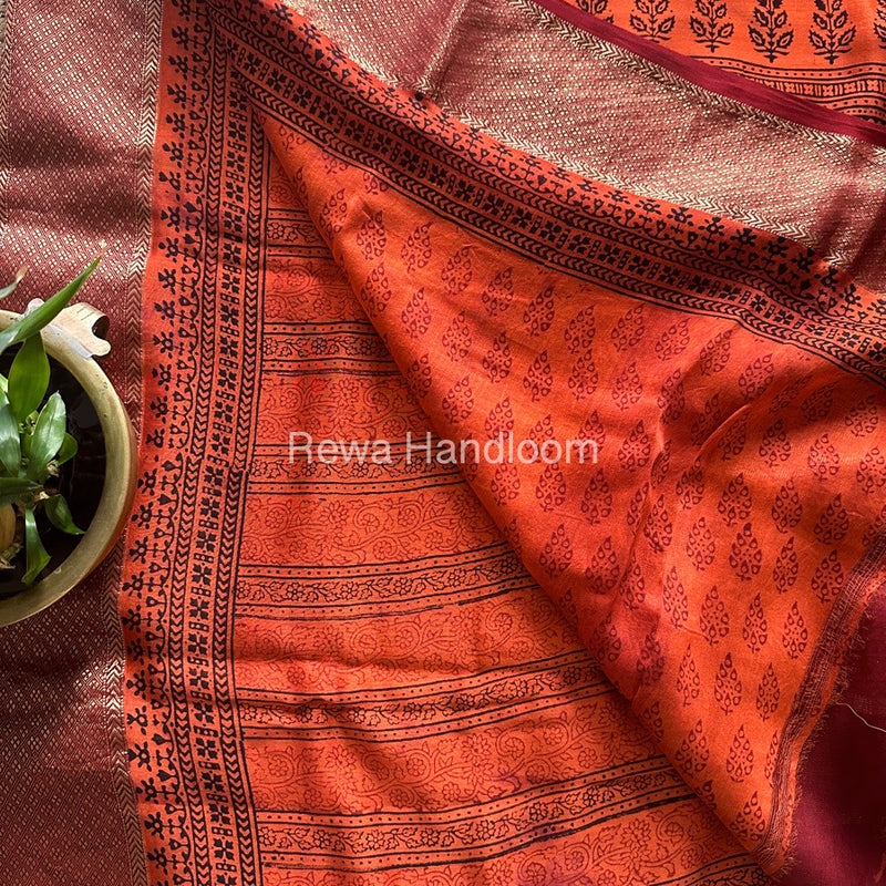 Maheshwari Orange Bagh Print Saree BPSS027