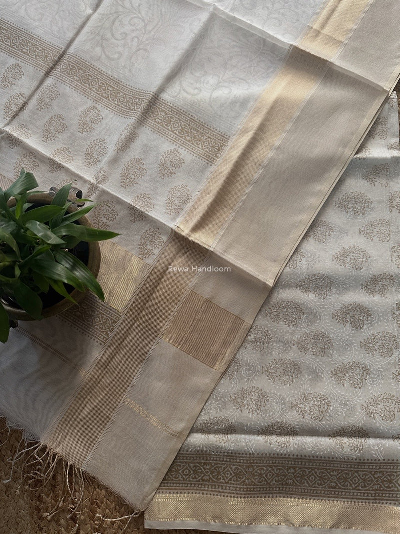 Maheshwari White Handblock Print Top-Dupatta HBS0194