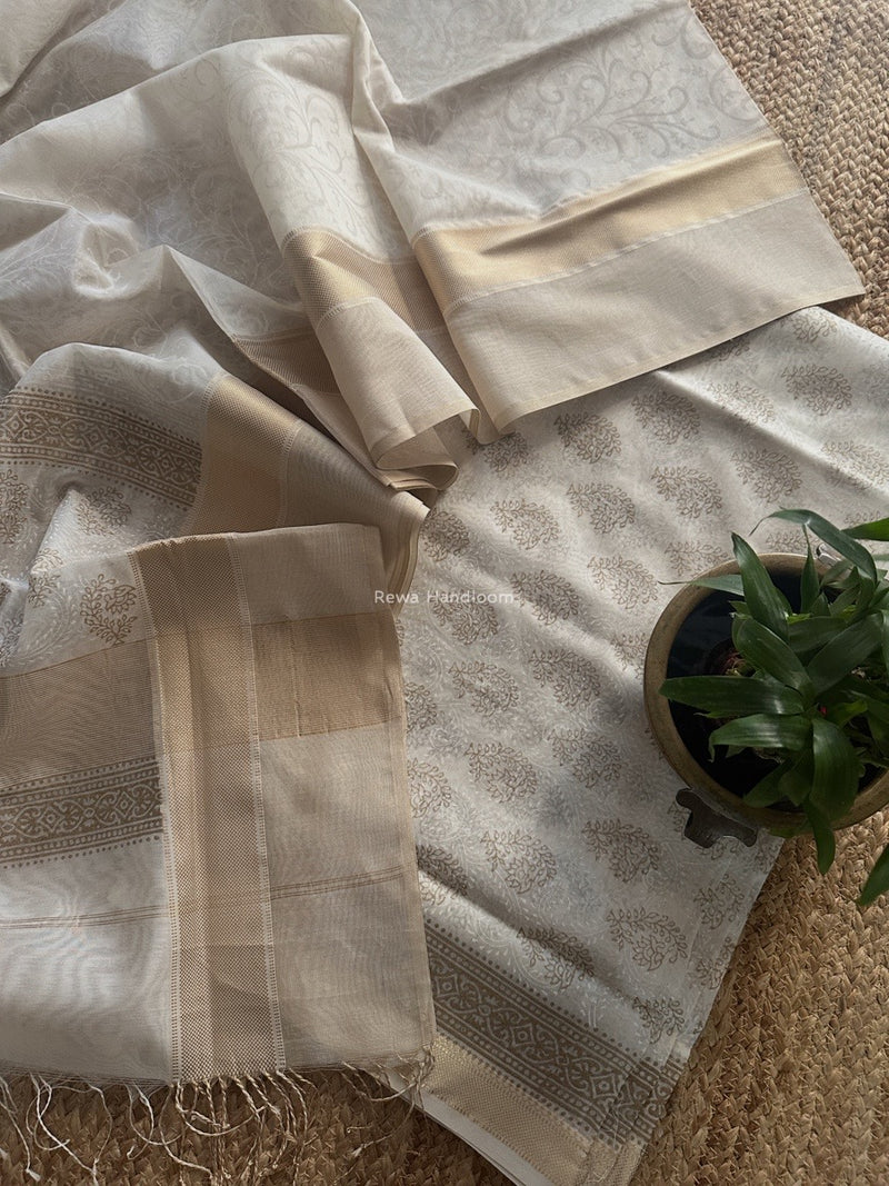 Maheshwari White Handblock Print Top-Dupatta HBS0194