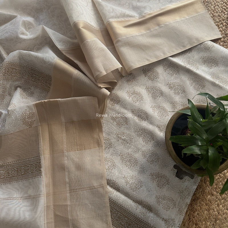 Maheshwari White Handblock Print Top-Dupatta HBS0194