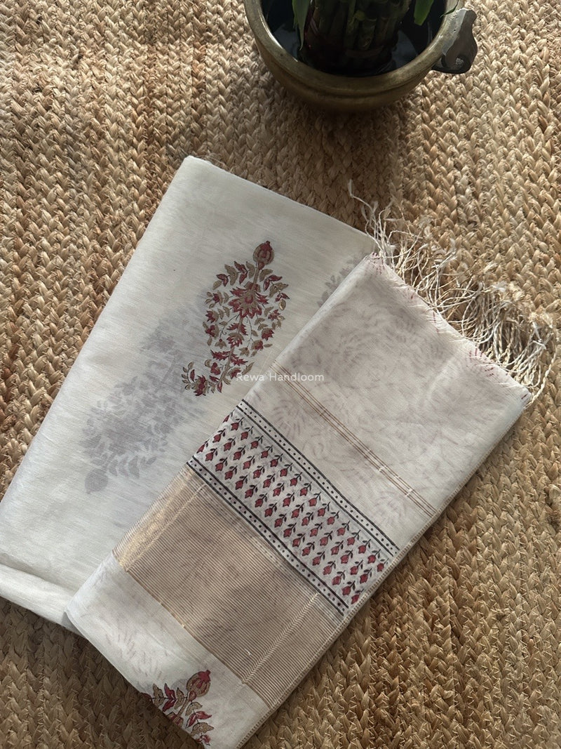 Maheshwari White Handblock Print Top-Dupatta HBS0193