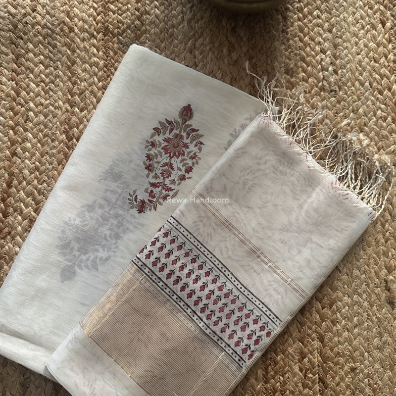 Maheshwari White Handblock Print Top-Dupatta HBS0193