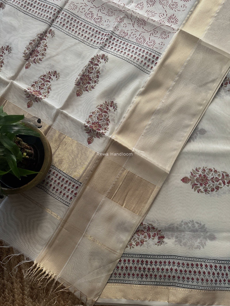 Maheshwari White Handblock Print Top-Dupatta HBS0193