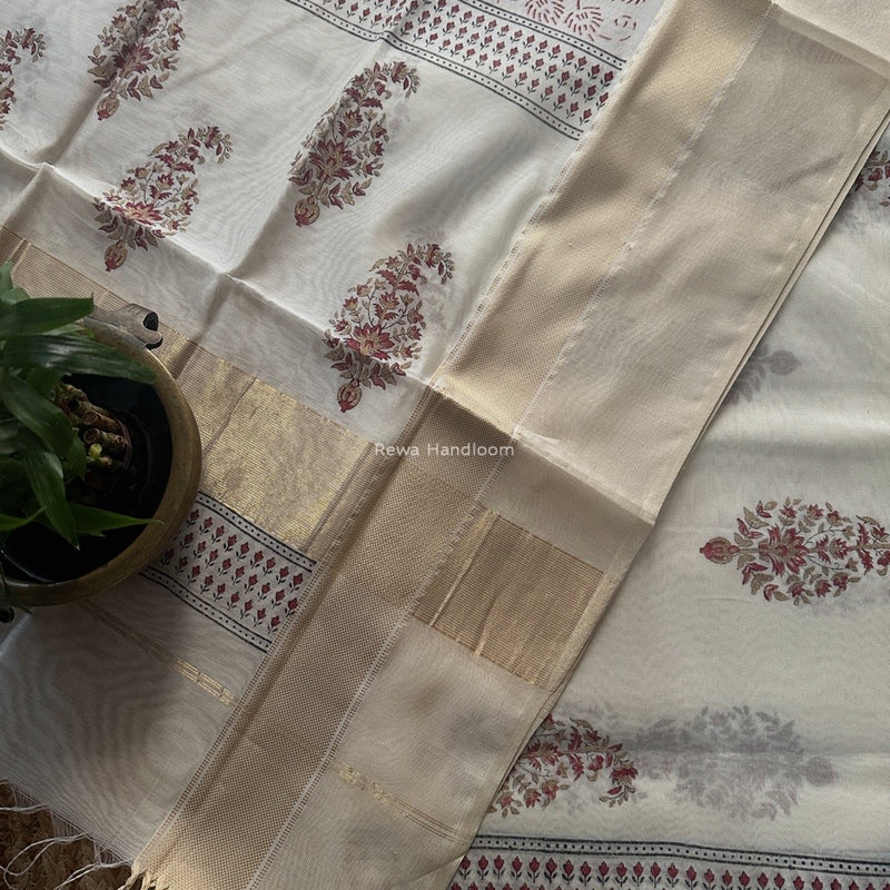 Maheshwari White Handblock Print Top-Dupatta HBS0193