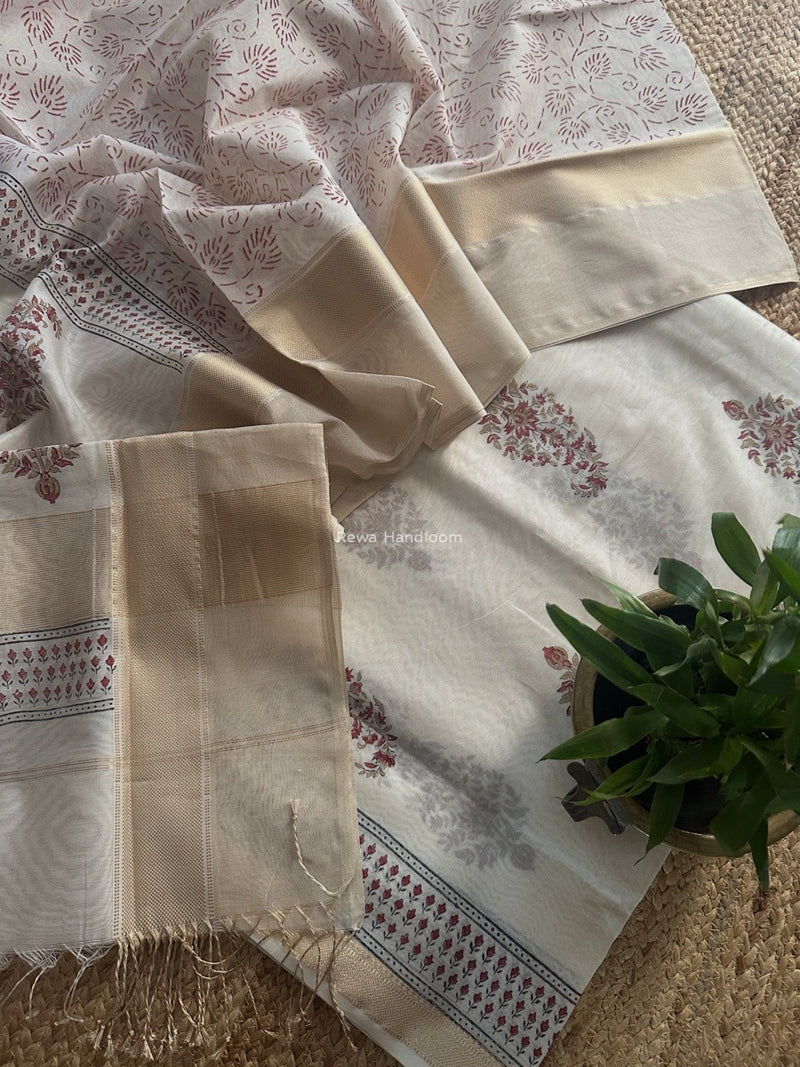 Maheshwari White Handblock Print Top-Dupatta HBS0193