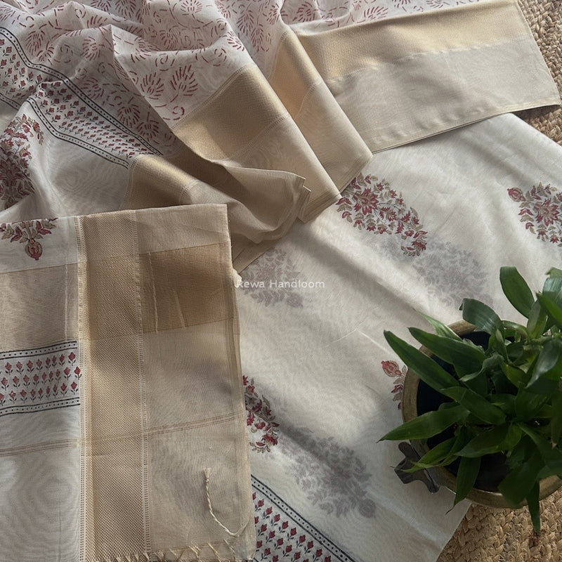 Maheshwari White Handblock Print Top-Dupatta HBS0193