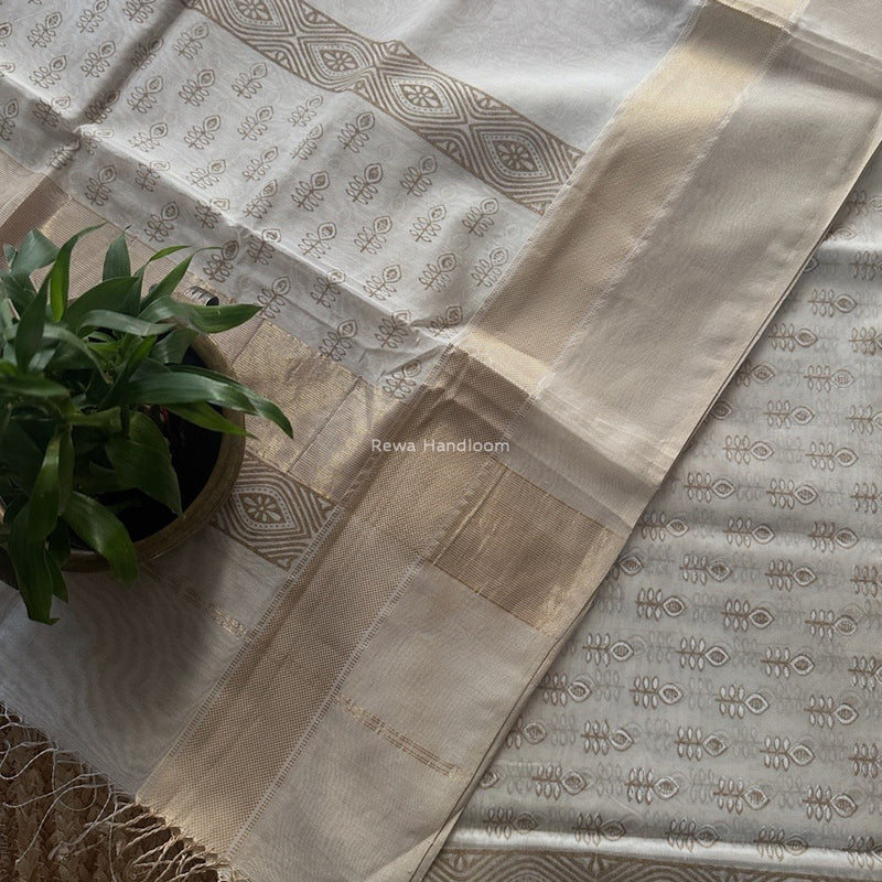 Maheshwari White Handblock Print Top-Dupatta HBS0192