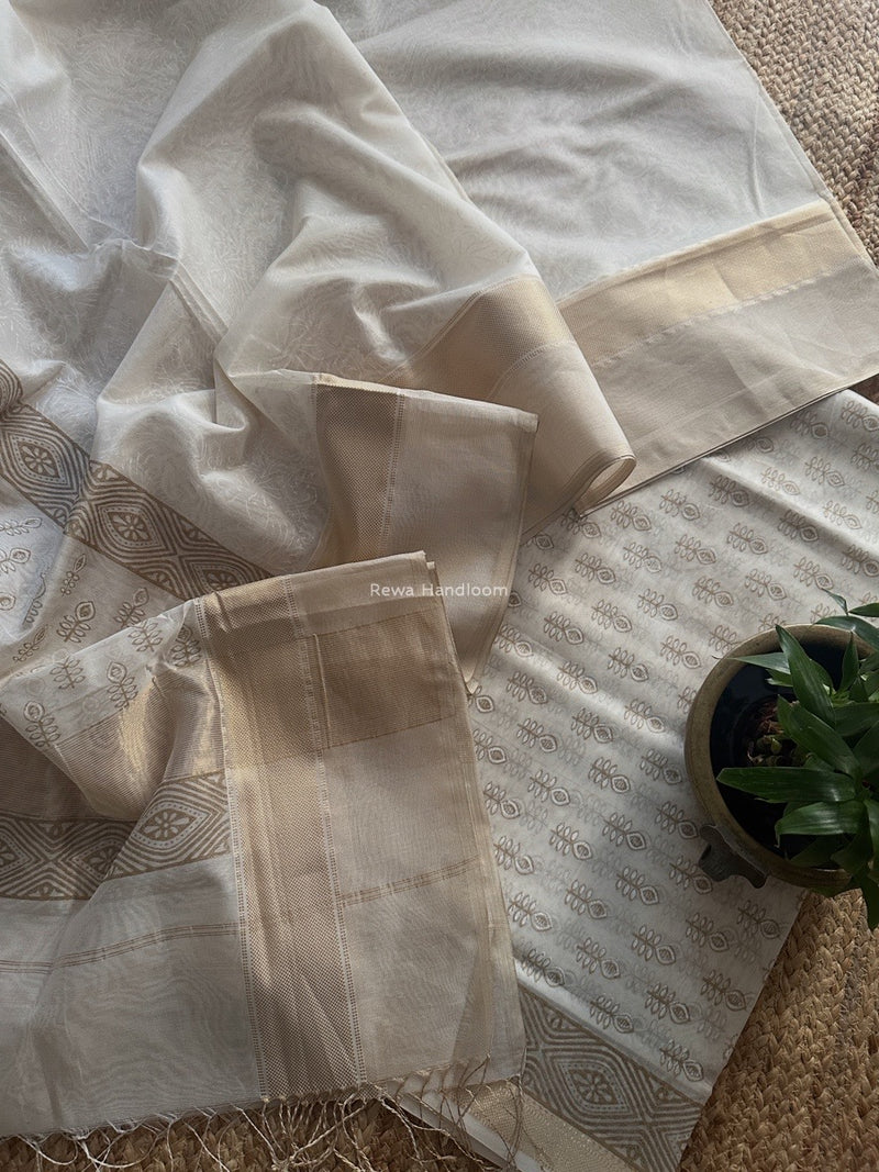 Maheshwari White Handblock Print Top-Dupatta HBS0192