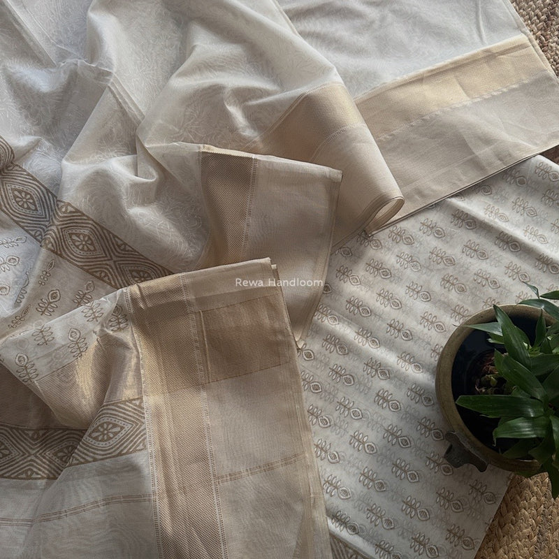 Maheshwari White Handblock Print Top-Dupatta HBS0192