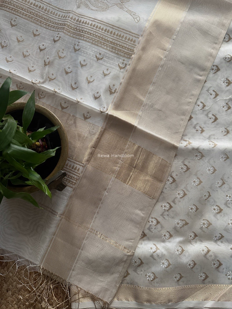 Maheshwari White Handblock Print Top-Dupatta HBS0190