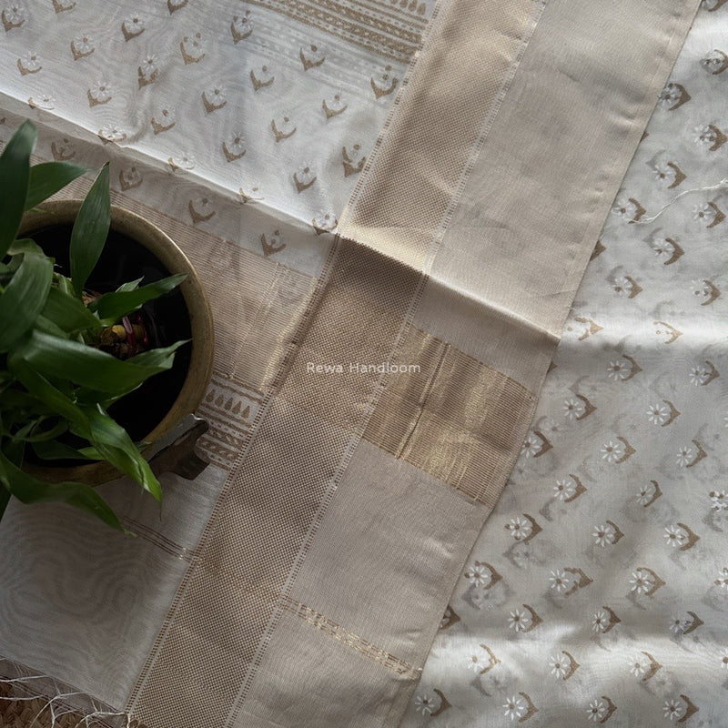 Maheshwari White Handblock Print Top-Dupatta HBS0190