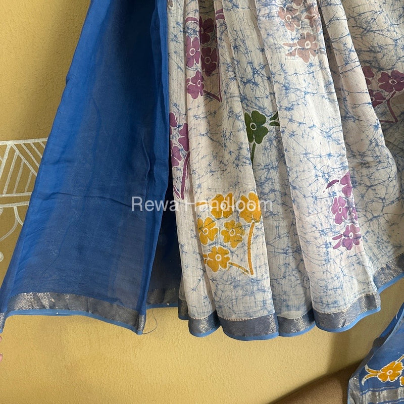 Maheshwari Sky Blue Batik Indonesian Print Saree IBS045