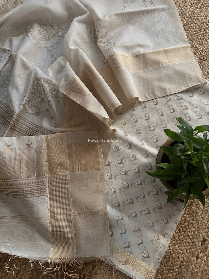 Maheshwari White Handblock Print Top-Dupatta HBS0190