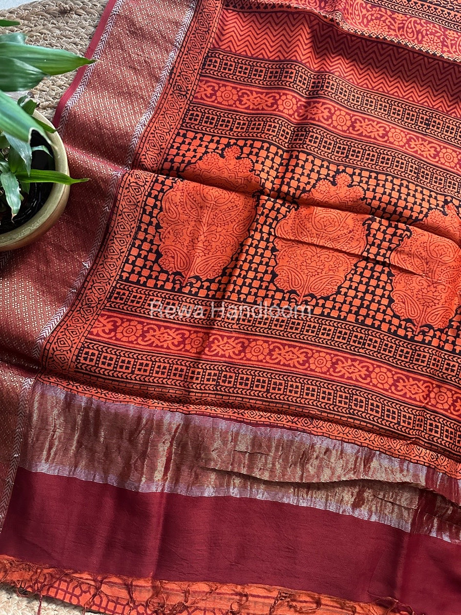 Maheshwari Orange Bagh Print Saree BPSS024