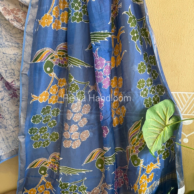Maheshwari Sky Blue Batik Indonesian Print Saree IBS045