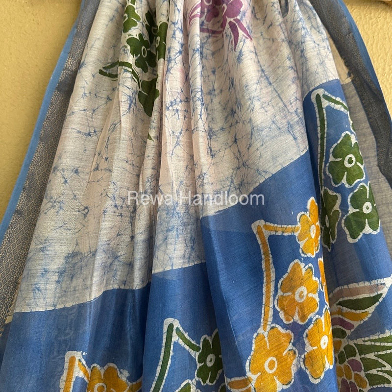 Maheshwari Sky Blue Batik Indonesian Print Saree IBS045