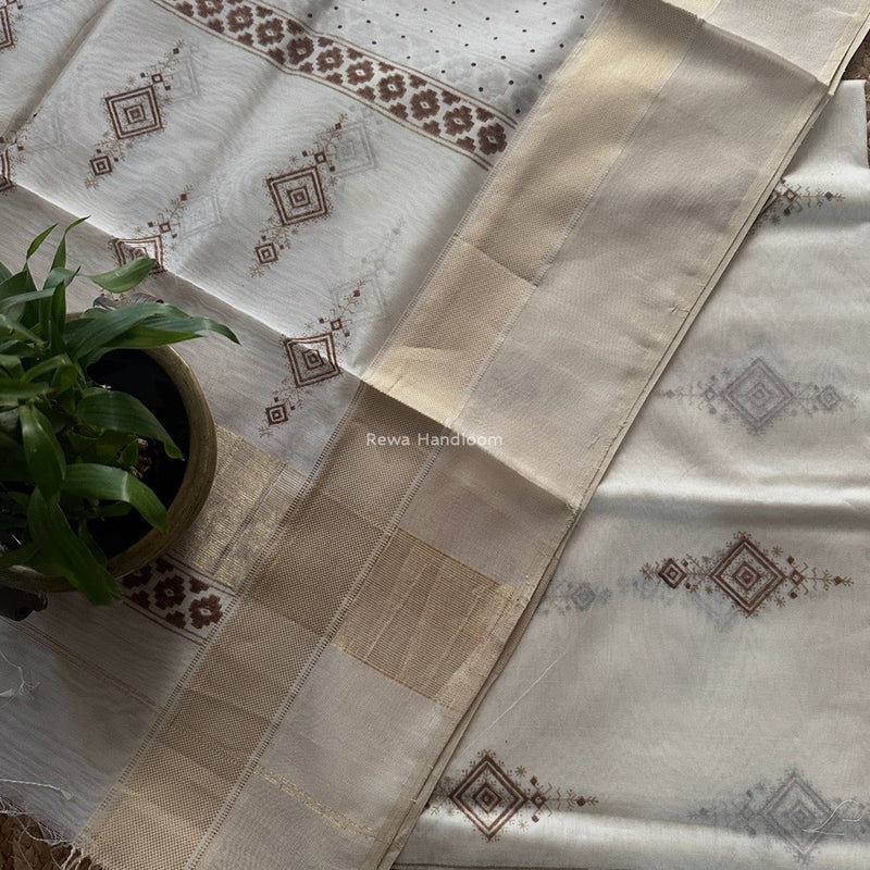 Maheshwari White Handblock Print Top-Dupatta HBS0189