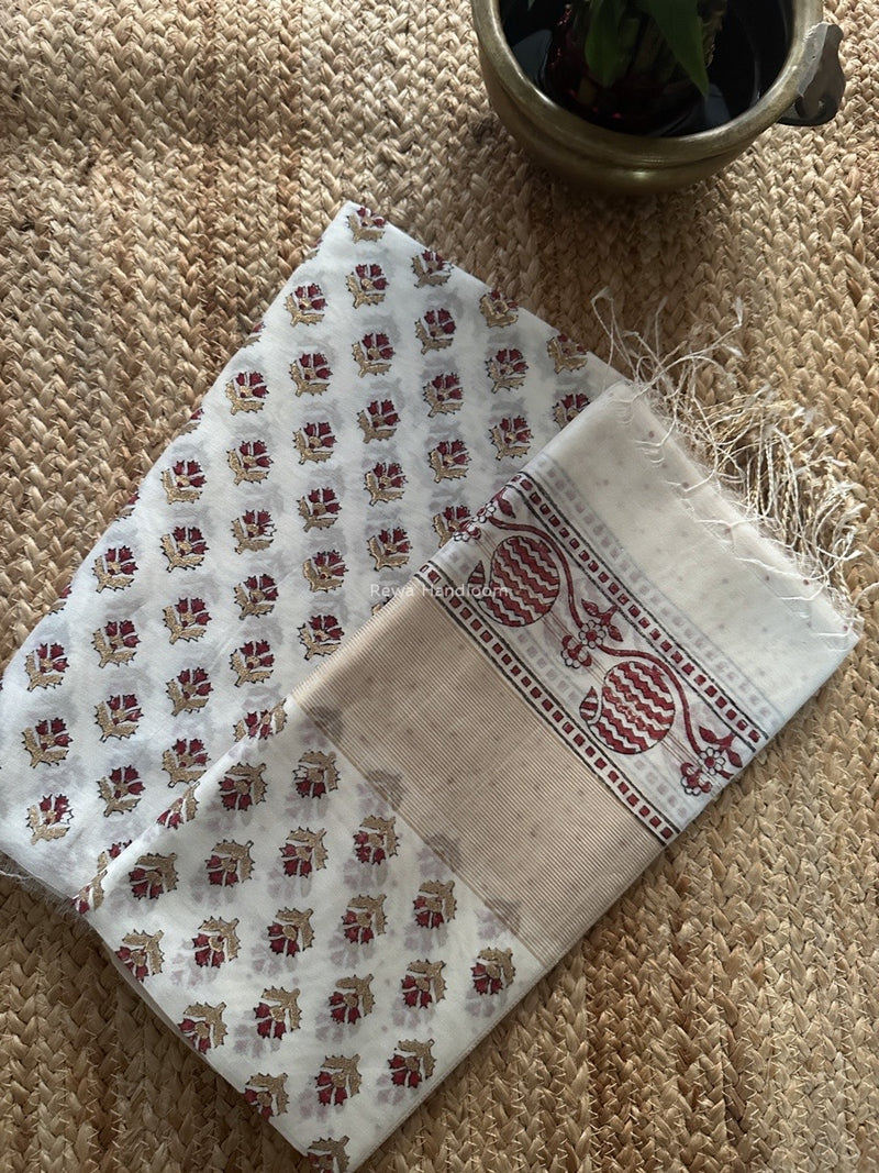 Maheshwari White Handblock Print Top-Dupatta HBS0191
