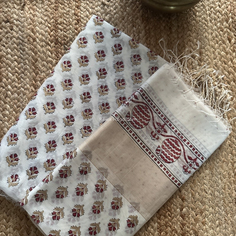 Maheshwari White Handblock Print Top-Dupatta HBS0191