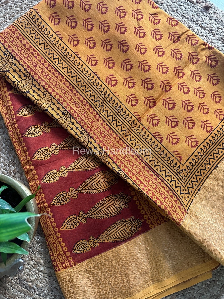 Maheshwari Mustard Yellow Bagh Print Saree BPSS039