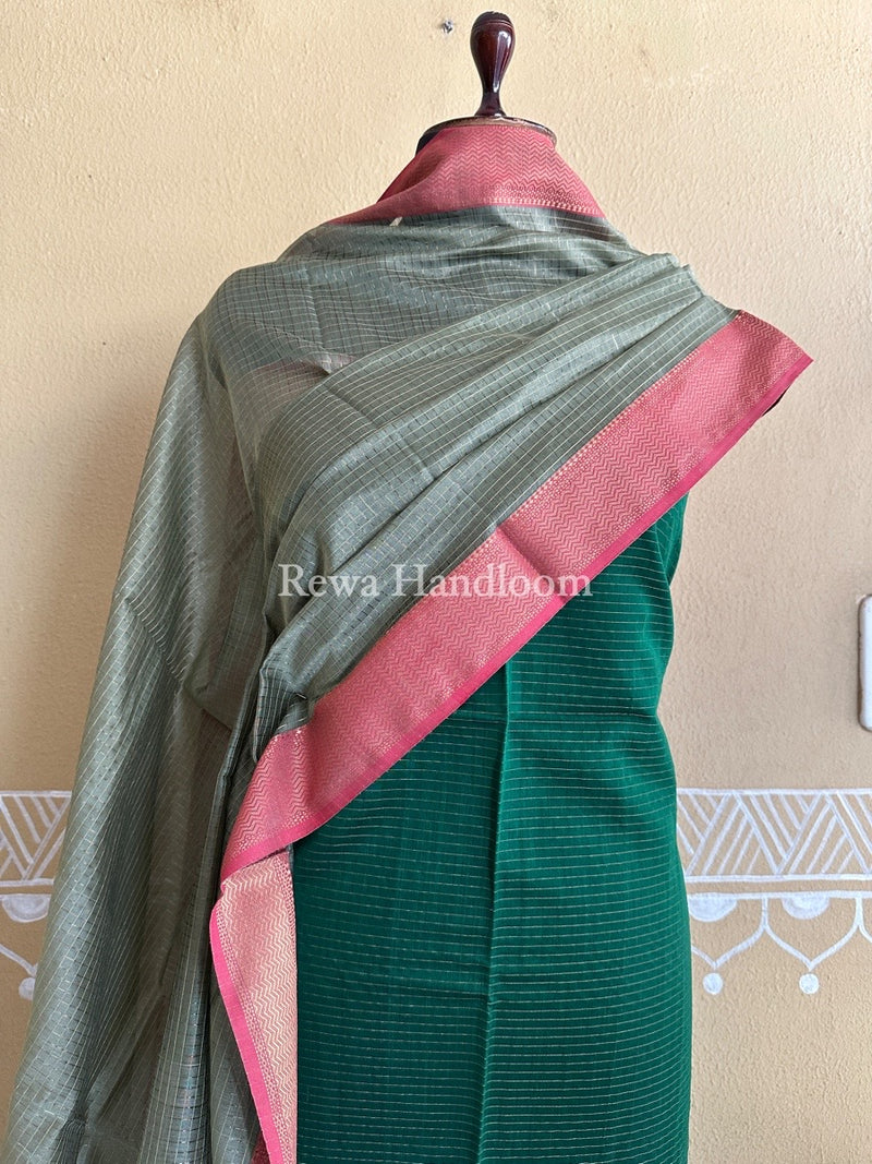 Maheshwari Green-Beige Zari Checks Suit ZCS04