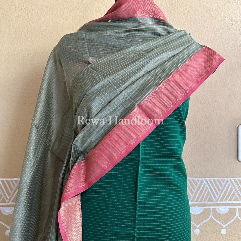 Maheshwari Green-Beige Zari Checks Suit ZCS04