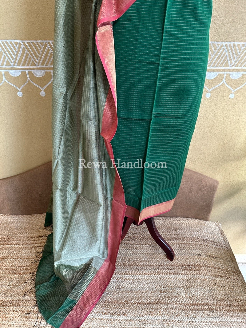 Maheshwari Green-Beige Zari Checks Suit ZCS04
