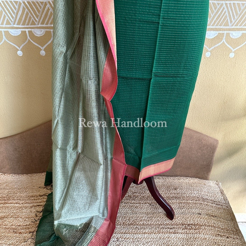 Maheshwari Green-Beige Zari Checks Suit ZCS04