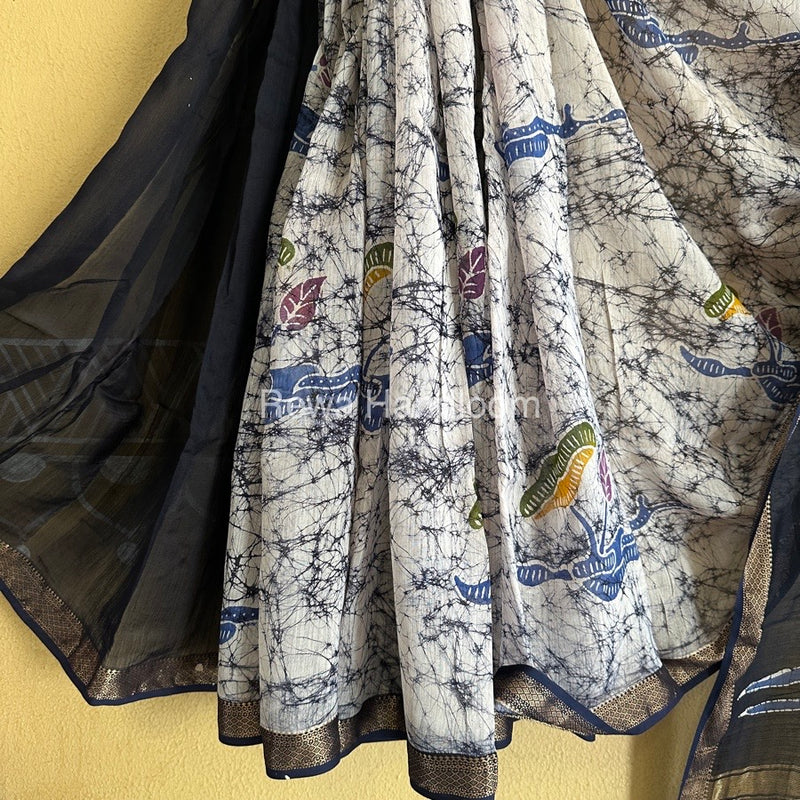 Maheshwari Blue Batik Indonesian Print Saree IBS07