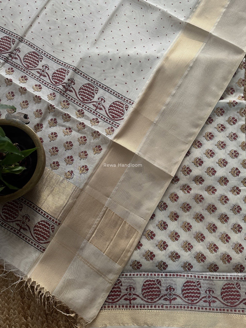 Maheshwari White Handblock Print Top-Dupatta HBS0191