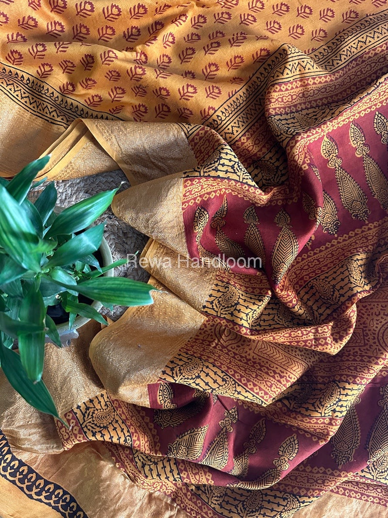 Maheshwari Mustard Yellow Bagh Print Saree BPSS039