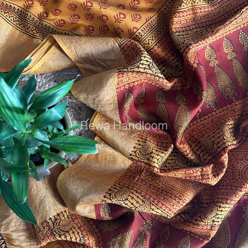 Maheshwari Mustard Yellow Bagh Print Saree BPSS039