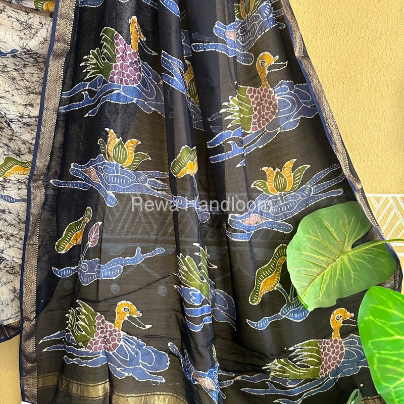 Maheshwari Blue Batik Indonesian Print Saree IBS07