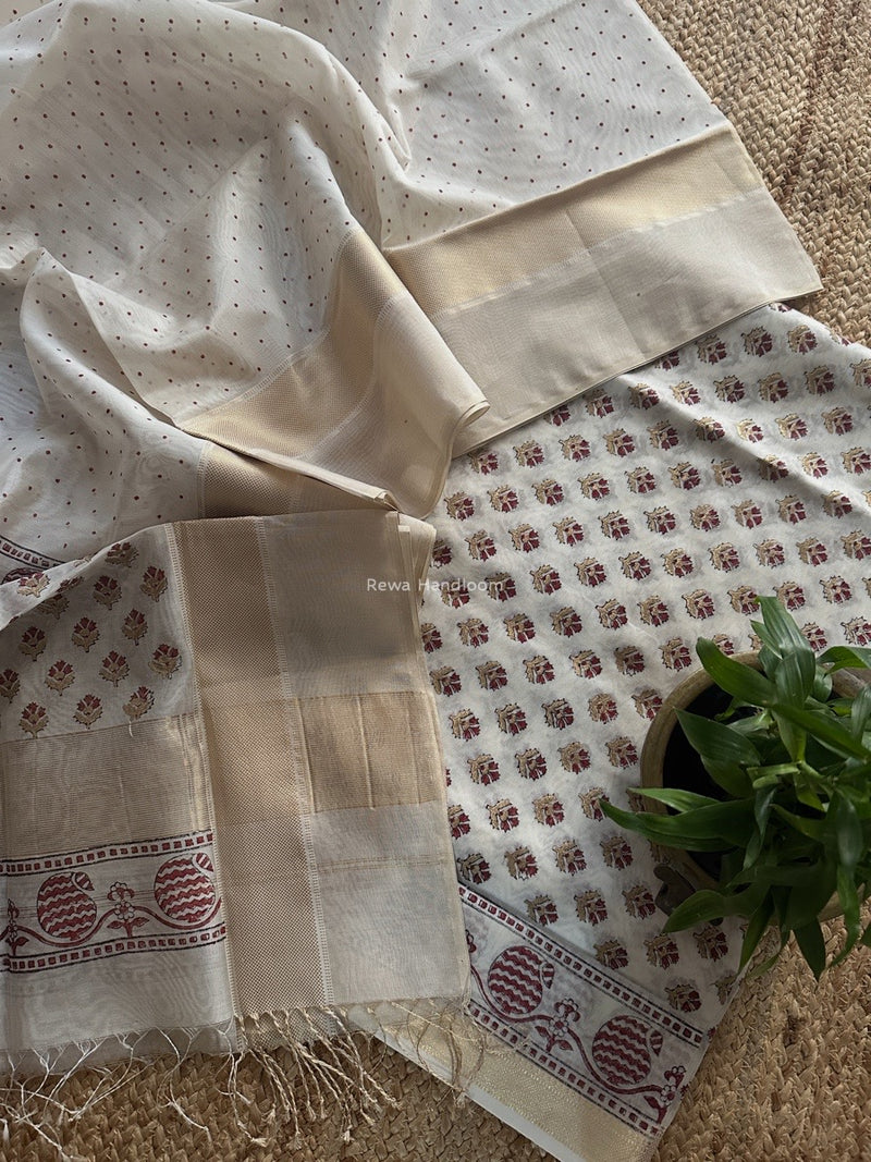 Maheshwari White Handblock Print Top-Dupatta HBS0191