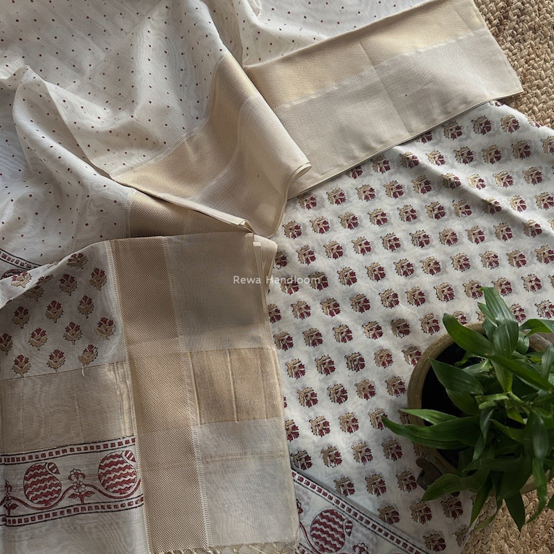 Maheshwari White Handblock Print Top-Dupatta HBS0191