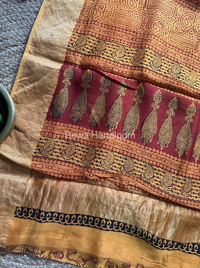 Maheshwari Mustard Yellow Bagh Print Saree BPSS039