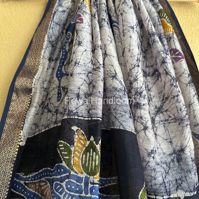 Maheshwari Blue Batik Indonesian Print Saree IBS07
