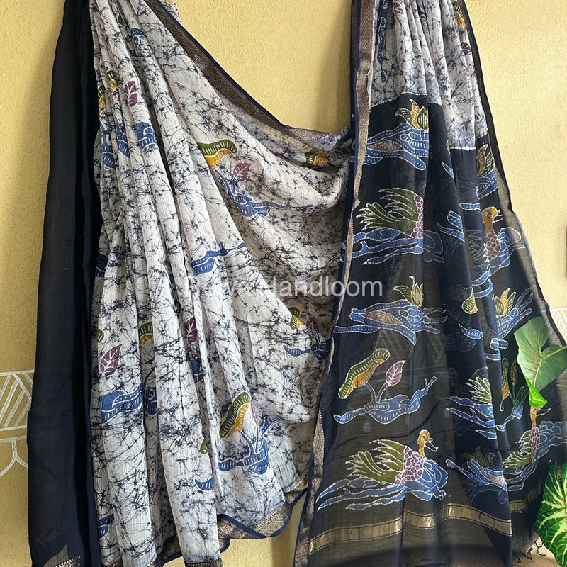 Maheshwari Blue Batik Indonesian Print Saree IBS07