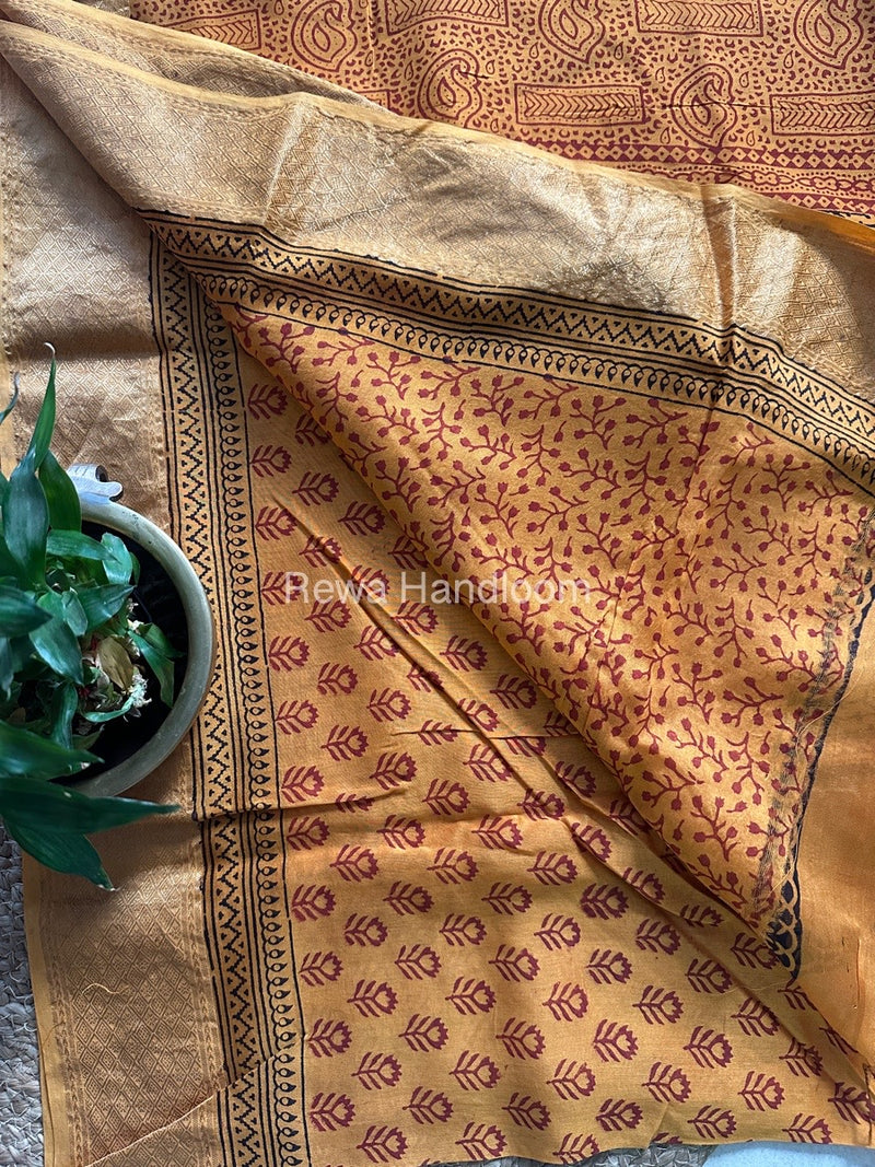 Maheshwari Mustard Yellow Bagh Print Saree BPSS039