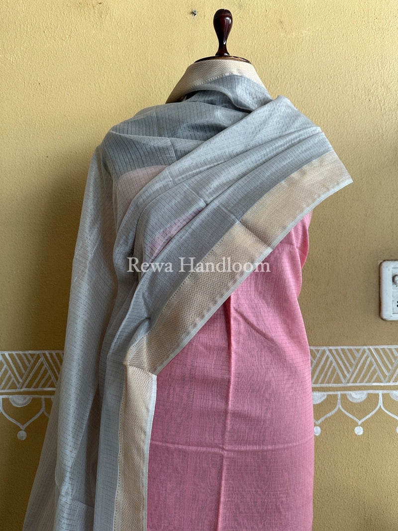 Maheshwari Light Pink-Grey Zari Checks Suit ZCS03