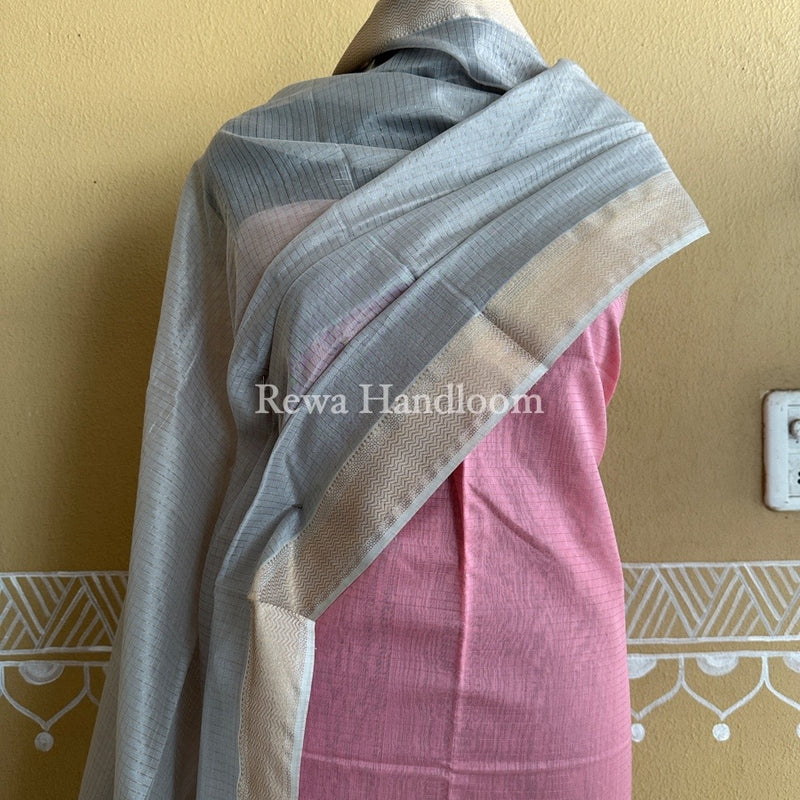 Maheshwari Light Pink-Grey Zari Checks Suit ZCS03