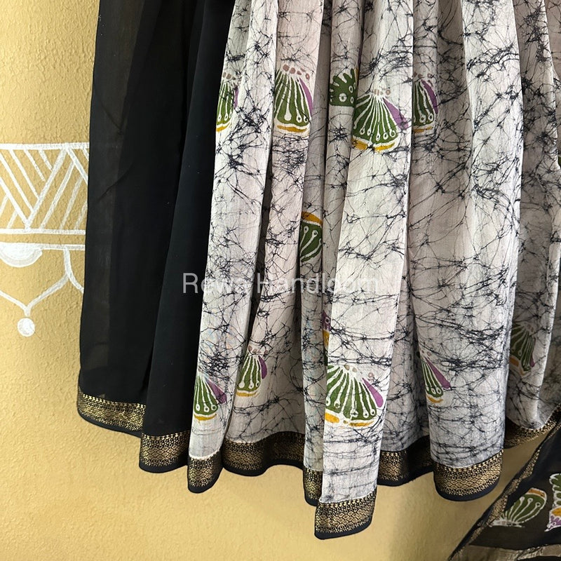 Maheshwari Black Batik Indonesian Print Saree IBS044
