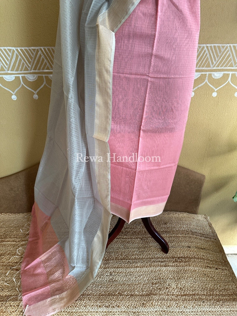 Maheshwari Light Pink-Grey Zari Checks Suit ZCS03