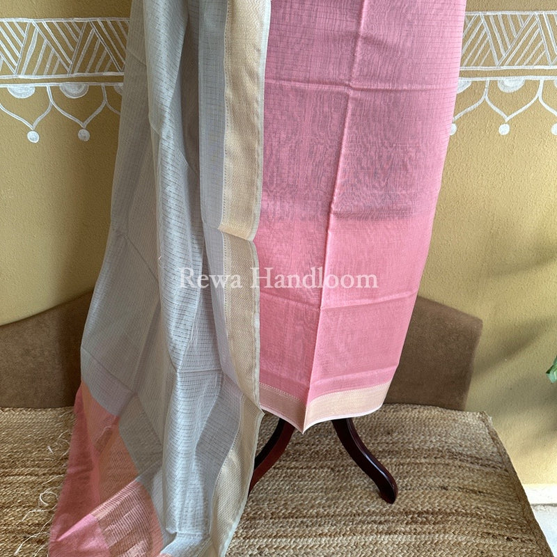 Maheshwari Light Pink-Grey Zari Checks Suit ZCS03