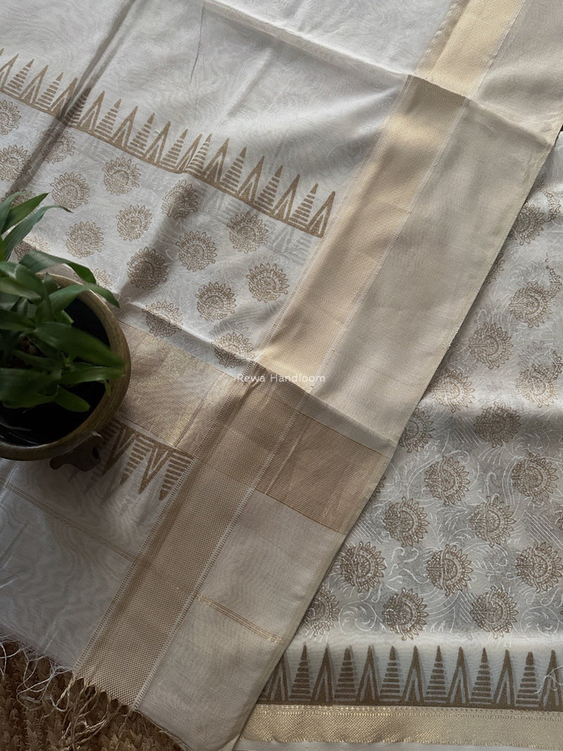 Maheshwari White Handblock Print Top-Dupatta HBS0188